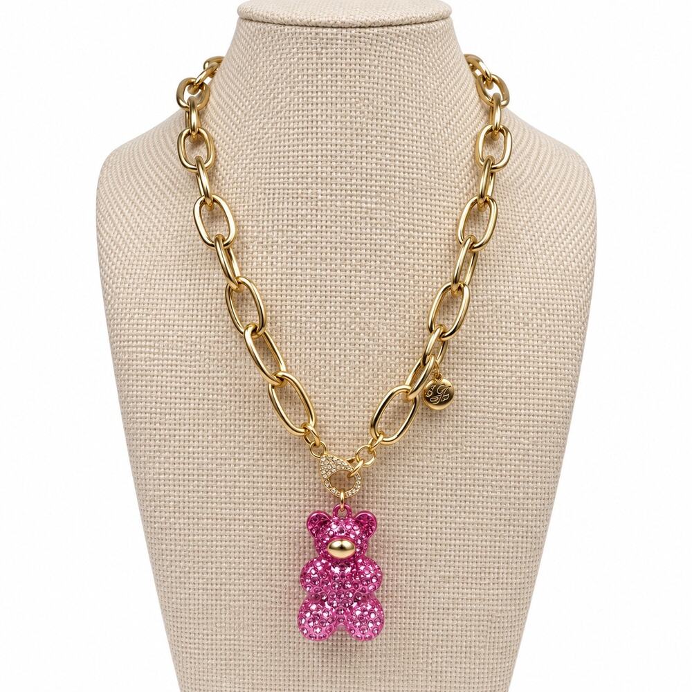 Betsey Johnson Gummy Bear Pendant Necklace Pink Rhinestone Gold Tone Womens